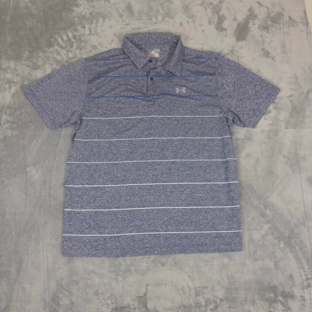 Under Armour Polo Shirt Mens XL Blue Striped HeatGear Loose Fit Golf Top